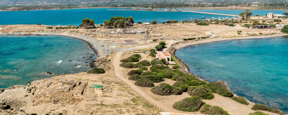 Panoramic view on ancient Roman site of Nora. Pula, Cagliari, Sardinia, Italy.